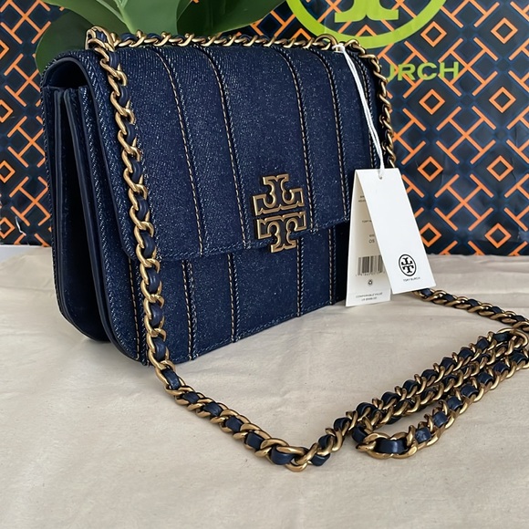 New, Tory Burch Britten denim small adjustable shoulder bag navy - Picture 2 of 14